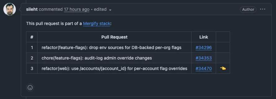 Stack comment showing a PR's position in the chain